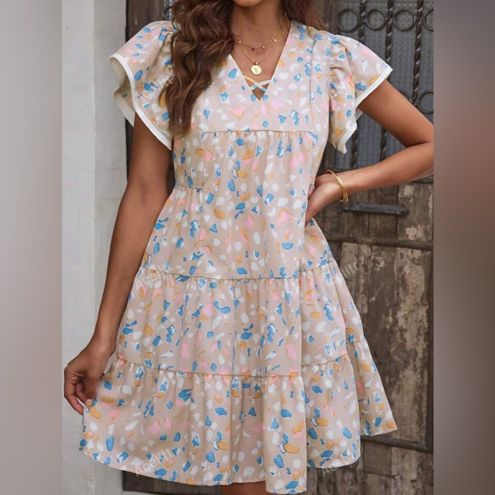 🌼🌸Khaki cross cross floral print boho bohemian ruffled tiered dress Medium